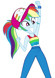 Size: 693x977 | Tagged: safe, rainbow dash, human, equestria girls, g4, armpits, arms in the air, bare shoulders, big grin, big smile, cheering, fist, grin, simple background, sleeveless, smiling, white background