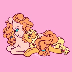 Size: 2048x2048 | Tagged: safe, artist:ponopyyy, applejack, pear butter, earth pony, pony, g4, female, filly, foal, mare, mother and child, no pupils, pink background, simple background