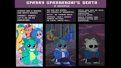 Size: 1920x1080 | Tagged: safe, artist:snookumsgal, hitch trailblazer, izzy moonbow, sparky sparkeroni, sunny starscout, dragon, earth pony, pegasus, pony, unicorn, g5, my little pony: tell your tale, baby, baby dragon, bone, coffin, collaboration:sad my little pony g5, crying, death, female, grin, male, mane stripe sunny, mare, sad, sans (undertale), skeleton, smiling, stallion, undertale, unshorn fetlocks