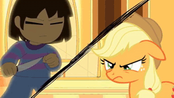 Size: 686x386 | Tagged: safe, ai assisted, ai content, applejack, earth pony, human, pony, g4, ai cover, ai voice, ambiguous gender, duo, female, frisk, knife, mare, sound, sound only, steven universe, stronger than you, undertale, video, webm