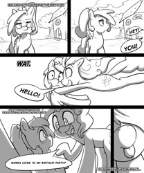 Size: 1000x1200 | Tagged: safe, artist:3mangos, pinkie pie, oc, oc:mango, earth pony, pony, comic:mango's satisfaction, g4, blushing, canon x oc, comic, female, lesbian, mango's satisfaction comic, monochrome, sweat, tackle, tongue out