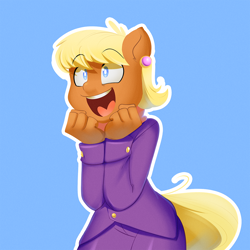 Size: 1000x1000 | Tagged: safe, artist:3mangos, ms. harshwhinny, earth pony, anthro, g4, blue background, clothes, cute, ear piercing, excited, eyebrows, eyebrows visible through hair, female, ms. cutewhinny, open mouth, open smile, outline, piercing, simple background, smiling, solo, surprised, three fingers, unprofessional, wide eyes