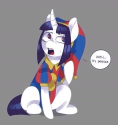 Size: 1453x1536 | Tagged: safe, artist:smellyeden, doll pony, object pony, original species, pony, unicorn, animate object, dialogue, doll, female, gray background, hat, jester, jester hat, jester outfit, living doll, mare, open mouth, pomni, ponified, ponmi, simple background, sitting, solo, speech bubble, sweat, sweatdrop, the amazing digital circus, toy