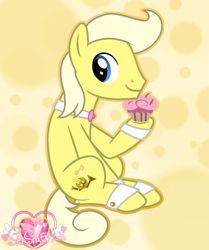 Size: 1201x1436 | Tagged: safe, artist:muhammad yunus, oc, oc:brass melody, earth pony, pony, base used, bowtie, cupcake, food, gift art, looking at you, male, simple background, sitting, smiling, smiling at you, solo, stallion, watermark, yellow background