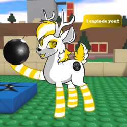 Size: 1801x1811 | Tagged: safe, artist:dookin, oc, oc only, oc:bambi, deer, bambi is allways drunk, bomb, clothes, cute, deer oc, drunk, non-pony oc, roblox, socks, solo, striped socks, this will end in explosions, weapon, yellow eyes
