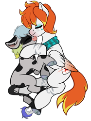 Size: 1599x2138 | Tagged: safe, artist:dookin, oc, oc only, oc:dookin foof lord, oc:lamb, ambiguous species, pegasus, pony, clothes, cloven hooves, cow oc, cuddling, cute, duo, heart, love, scarf, simple background, snuggling, striped scarf, transparent background