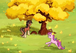 Size: 2048x1431 | Tagged: safe, artist:raindrophalo, oc, oc only, butterfly, pony, unicorn, duo, grass, horn, tree, unicorn oc