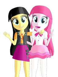 Size: 1000x1333 | Tagged: safe, pinkie pie, sunset shimmer, equestria girls, g4, my little pony equestria girls: better together, 3d, black hair, clothes, cosplay, costume, eyeshadow, grin, makeup, mmd, rah rah skirt, simple background, skirt, smiling, transparent background