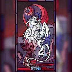 Size: 2048x2048 | Tagged: safe, artist:raindrophalo, oc, oc only, alicorn, pony, alicorn oc, braid, ear piercing, earring, female, horn, jewelry, looking at you, mare, piercing, rearing, solo, stained glass, wings