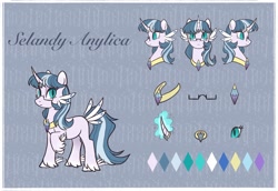 Size: 2048x1407 | Tagged: safe, artist:raindrophalo, oc, oc only, oc:selandy anylica, pony, unicorn, horn, reference sheet, slit pupils, solo, unicorn oc