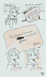 Size: 731x1200 | Tagged: safe, artist:fizzlesoda2000, jack pot, trixie, pony, unicorn, g4, brooch, comic, equestria's best father, handwriting, heartwarming, jewelry, outlines only, photo, smiling, thought bubble, trans trixie, transgender, trixie's brooch