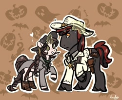 Size: 2048x1682 | Tagged: safe, artist:raindrophalo, oc, oc only, oc:raindrop halo, earth pony, pony, unicorn, clothes, costume, couple, duo, earth pony oc, female, halloween, halloween costume, horn, male, oc x oc, shipping, straight, unicorn oc