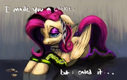 Size: 2048x1289 | Tagged: safe, artist:misstwipietwins, fluttershy, pegasus, pony, g4, but i eated it, choker, crumbs, crying, emoshy, female, floppy ears, lying down, mare, prone, sad, solo, sploot, text