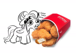 Size: 1876x1370 | Tagged: safe, artist:opalacorn, oc, oc only, oc:void, pegasus, pony, chicken meat, chicken nugget, eating, female, food, mare, meat, onomatopoeia, ponies eating meat, simple background, solo, tiny, tiny ponies, white background