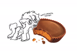Size: 2217x1479 | Tagged: safe, artist:opalacorn, oc, oc only, pony, candy, chocolate, commission, descriptive noise, eating, fangs, floppy ears, food, peanut butter, reese's peanut butter cups, simple background, solo, tiny, tiny ponies, white background, wings, wings down, ych result