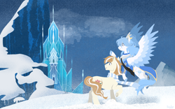 Size: 2560x1600 | Tagged: safe, artist:raindrophalo, oc, oc only, earth pony, pegasus, pony, castle, duo, earth pony oc, frozen (movie), pegasus oc