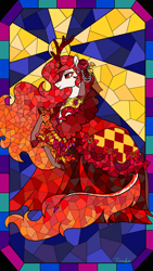 Size: 1290x2295 | Tagged: safe, artist:raindrophalo, oc, oc only, kirin, clothes, dress, flower, flower in hair, kirin oc, rearing, side view, solo, stained glass