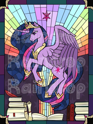 Size: 1600x2133 | Tagged: safe, artist:raindrophalo, twilight sparkle, alicorn, pony, g4, season 9, the last problem, alicorn horn, book, crown, curved horn, element of magic, elements of harmony, feather, feathered wings, female, horn, jewelry, long hair, long horn, long mane, long tail, mare, obtrusive watermark, older, older twilight, older twilight sparkle (alicorn), pen, princess twilight 2.0, quill, regalia, side view, solo, spread wings, stained glass, tail, twilight sparkle (alicorn), twilight sparkle's cutie mark, watermark, wings