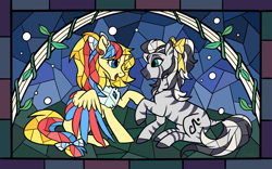 Size: 2560x1600 | Tagged: safe, artist:raindrophalo, oc, oc only, alicorn, pegasus, pony, zebra, alicorn oc, blue eyes, broken horn, green eyes, horn, pegasus oc, ribbon, stained glass, wings, zebra oc