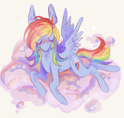 Size: 1524x1445 | Tagged: safe, artist:7redteeths, rainbow dash, pegasus, pony, g4, cloud, crying, eyes closed, female, lying down, mare, on a cloud, prone, solo, spread wings, wings