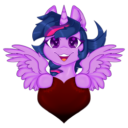 Size: 2000x2000 | Tagged: safe, artist:dankpegasista, derpibooru exclusive, twilight sparkle, alicorn, bangs, big smile, colored, colored lineart, colored pupils, commission, commission example, ear fluff, eyelashes, feathered wings, female, flowing mane, full color, fully shaded, half body, heart, heart eyes, high res, highlights, horn, krita, looking at you, mare, shading, shiny eyes, shiny mane, simple background, smiling, smiling at you, soft shading, solo, spread wings, sternocleidomastoid, teeth, transparent background, twilight sparkle (alicorn), wingding eyes, wings, ych example, your character here