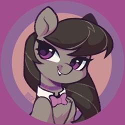 Size: 2039x2039 | Tagged: safe, artist:dodsie, octavia melody, earth pony, pony, g4, abstract background, bowtie, bust, chest fluff, eyebrows, eyebrows visible through hair, eyelashes, female, high res, mare, octavia's bowtie, passepartout, portrait, signature, smiling, solo, teeth