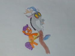 Size: 3376x2527 | Tagged: safe, anonymous artist, discord, scootaloo, draconequus, pony, g4, beautiful, best friend, best friends, big grin, big smile, butt, butt touch, colored, cute, duo, duo male and female, excited, excitement, female, filly, foal, friend, friends, grin, hand on butt, hug, male, plot, pretty, scootabutt, sexy, smiling, traditional art