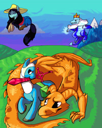Size: 2848x3562 | Tagged: safe, artist:8loodyrain, dragon, pony, adventure time, finn the human, high res, ice king, jake the dog, marceline, ponified, sword, weapon