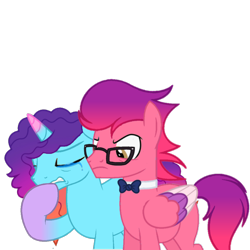 Size: 3600x3600 | Tagged: safe, artist:ramixe dash, misty brightdawn, ruby jubilee, pegasus, pony, unicorn, series:make your tale, g4, g5, angry, crying, dew daybreak, duo, g5 to g4, generation leap, glasses, male, rebirth dew, rebirth misty, rubelite jubilee, rule 63, simple background, stallion, transparent background