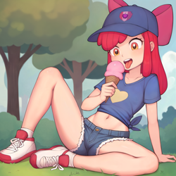 Size: 2500x2500 | Tagged: safe, ai assisted, ai content, apple bloom, human, g4, baseball cap, belly button, blushing, bush, cap, clothes, denim, denim shorts, food, hat, heart, humanized, ice cream, ice cream cone, open mouth, outdoors, shirt, shoes, shorts, side knot, sitting, sneakers, socks, solo, taste buds, tongue out, tree