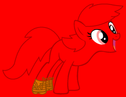 Size: 832x637 | Tagged: safe, artist:lynesssan, artist:spitfirethepegasusfan39, earth pony, pony, g4, adult blank flank, base used, blank flank, clothes, loud, male, mr. men, mr. men little miss, mr. noisy, noise, open mouth, open smile, ponified, red background, shoes, simple background, smiling, sneakers, solo, stallion