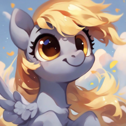 Size: 923x923 | Tagged: safe, ai assisted, ai content, generator:purplesmart.ai, generator:stable diffusion, prompter:saltyvity, derpy hooves, pegasus, pony, g4, beautiful, big eyes, cute, fluffy, funny face, leaf, long hair, long mane, looking at you, sky, smiling, smiling at you, solo, yellow eyes, yellow mane