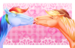 Size: 3036x1961 | Tagged: safe, artist:sweetpea-and-friends, applejack, rainbow dash, earth pony, horse, pegasus, g4, duo, eyes closed, female, french kiss, hoers, kiss on the lips, kissing, lesbian, mare, ship:appledash, shipping, tongue out