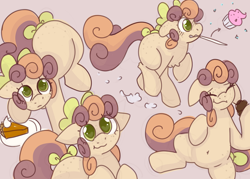Size: 2800x2000 | Tagged: safe, artist:puppie, oc, oc only, oc:buttermuffin, earth pony, pony, :3, belly button, bow, chubby, clumsy, cupcake, cute, earth pony oc, eating, eye clipping through hair, eyebrows, eyebrows visible through hair, female, floppy ears, food, freckles, hair bow, heart, heart eyes, mouth hold, muffin, ocbetes, pie, pumpkin pie, simple background, solo, tail, tail bow, wingding eyes