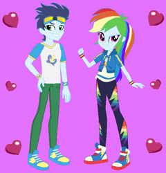 Size: 588x612 | Tagged: safe, artist:owletbrigthness, rainbow dash, soarin', human, equestria girls, g4, clothes, converse, cute, dashabetes, female, hoodie, male, pants, ship:soarindash, shipping, shirt, shoes, straight, t-shirt