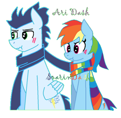 Size: 412x402 | Tagged: safe, artist:trendari, rainbow dash, soarin', pegasus, pony, g4, blushing, clothes, female, male, mare, rainbow scarf, scarf, ship:soarindash, shipping, simple background, stallion, straight, striped scarf, transparent background