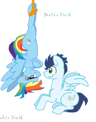 Size: 800x1008 | Tagged: safe, artist:trendari, rainbow dash, soarin', pegasus, pony, g4, female, hanging, hanging upside down, male, mare, ship:soarindash, shipping, simple background, stallion, straight, transparent background, upside down