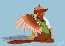 Size: 2642x1891 | Tagged: safe, artist:rutkotka, oc, oc only, oc:pavlos, griffon, blue background, broken bone, broken wing, cast, cheek fluff, colored wings, eared griffon, eyes closed, feather, griffon oc, grooming, happy, injured, one wing out, preening, relaxed, simple background, sling, smiling, solo, wing fluff, wings