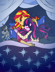 Size: 2550x3300 | Tagged: safe, artist:joshjenkins6, artist:t3chno 0taku, smarty pants, sunset shimmer, twilight sparkle, equestria girls, g4, bed, blushing, clothes, collaboration, cuddling, cuddling in bed, cute, duo, eyes closed, female, high res, hug, in bed, lesbian, one eye closed, pajamas, pillow, plushie, shimmerbetes, ship:sunsetsparkle, shipping, sleeping, sleeping together, sleepover, slumber party, smiling, snuggling, twiabetes, wholesome