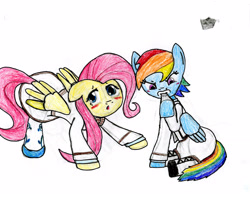 Size: 3270x2580 | Tagged: safe, artist:joshjenkins6, fluttershy, rainbow dash, pegasus, pony, g4, clothes, duo, female, high res, mare, school uniform, strawberry panic!, traditional art