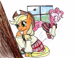 Size: 3198x2496 | Tagged: safe, artist:joshjenkins6, applejack, pinkie pie, earth pony, pony, g4, clothes, duo, female, high res, mare, school uniform, strawberry panic!, traditional art