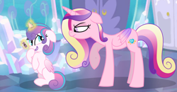 Size: 3144x1633 | Tagged: safe, artist:princess--gracie, princess cadance, princess flurry heart, alicorn, pony, g4, base used, cadance is not amused, crystal castle, female, filly, foal, makeup, mare, mother and child, mother and daughter, older, older flurry heart, raised hoof, unamused