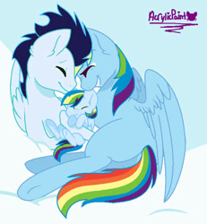 Size: 414x448 | Tagged: safe, artist:acrylicpaint13, rainbow dash, soarin', pegasus, pony, g4, butt, female, filly, foal, lying down, male, mare, missing cutie mark, offspring, on side, parent:rainbow dash, parent:soarin', parents:soarindash, plot, ship:soarindash, shipping, stallion, straight