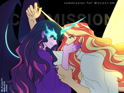 Size: 1926x1437 | Tagged: safe, artist:hiru3152, artist:lzjian79, sci-twi, sunset shimmer, twilight sparkle, human, equestria girls, g4, angry, black background, blushing, clothes, collaboration, commission, daydream shimmer, duo, female, hand on mouth, lesbian, midnight sparkle, ship:sci-twishimmer, ship:sunsetsparkle, shipping, simple background, tsundere