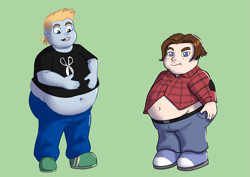 Size: 2283x1614 | Tagged: safe, artist:stonemask, snips, human, equestria girls, g4, belly, belly button, big belly, bling-bling boy, commission, crossover, duo, duo male, fat, green background, johnny test, lee tockar, male, obese, simple background, voice actor joke