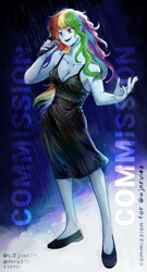 Size: 1100x2040 | Tagged: safe, artist:hiru3152, artist:lzjian79, rainbow dash, human, equestria girls, g4, bare shoulders, beautiful wet black dress, black dress, breasts, clothes, collaboration, commission, commissioner:ajnrules, dress, female, flats, little black dress, microphone, rain, rainbow dash always dresses in style, shoes, singing, sleeveless, solo, wet, wet clothes, wet dress