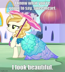 Size: 500x556 | Tagged: safe, edit, edited screencap, screencap, sweet biscuit, canterlot boutique, g4, beautiful, caption, clothes, cropped, dress, image macro, imgflip, lidded eyes, princess dress, solo, talking to viewer, text, umbrella