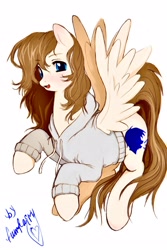 Size: 1536x2304 | Tagged: safe, artist:funfairy, oc, oc only, oc:anon, pegasus, pony, brown mane, clothes, colt, foal, gray coat, hoodie, male, pegasus oc, simple background, sketch, solo, white background