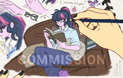 Size: 1700x1080 | Tagged: safe, artist:hiru3152, artist:lzjian79, sci-twi, sunset shimmer, twilight sparkle, human, pony, unicorn, equestria girls, g4, black nail polish, blushing, book, collaboration, colored pencil drawing, commission, couch, drawing, emanata, equestria girls ponified, exclamation point, eye, eyes, female, fingernails, glasses, hand, heart, lesbian, painted nails, pencil, pillow, ponified, reading, ship:sci-twishimmer, ship:sunsetsparkle, shipping, side view, simple background, sitting, sketch, sketchbook, smiling, sparkles, traditional art, unicorn sci-twi, white background