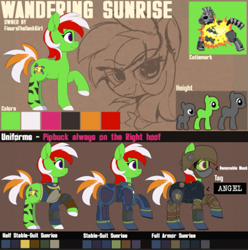 Size: 747x752 | Tagged: safe, oc, oc:wandering sunrise, earth pony, pony, fallout equestria, fallout equestria: dead tree, armor, color palette, commissioner:fiaura the tank girl, cutie mark, earth pony oc, female, goggles, green coat, helmet, mare, reference sheet, size chart, size comparison, stripes, white hooves